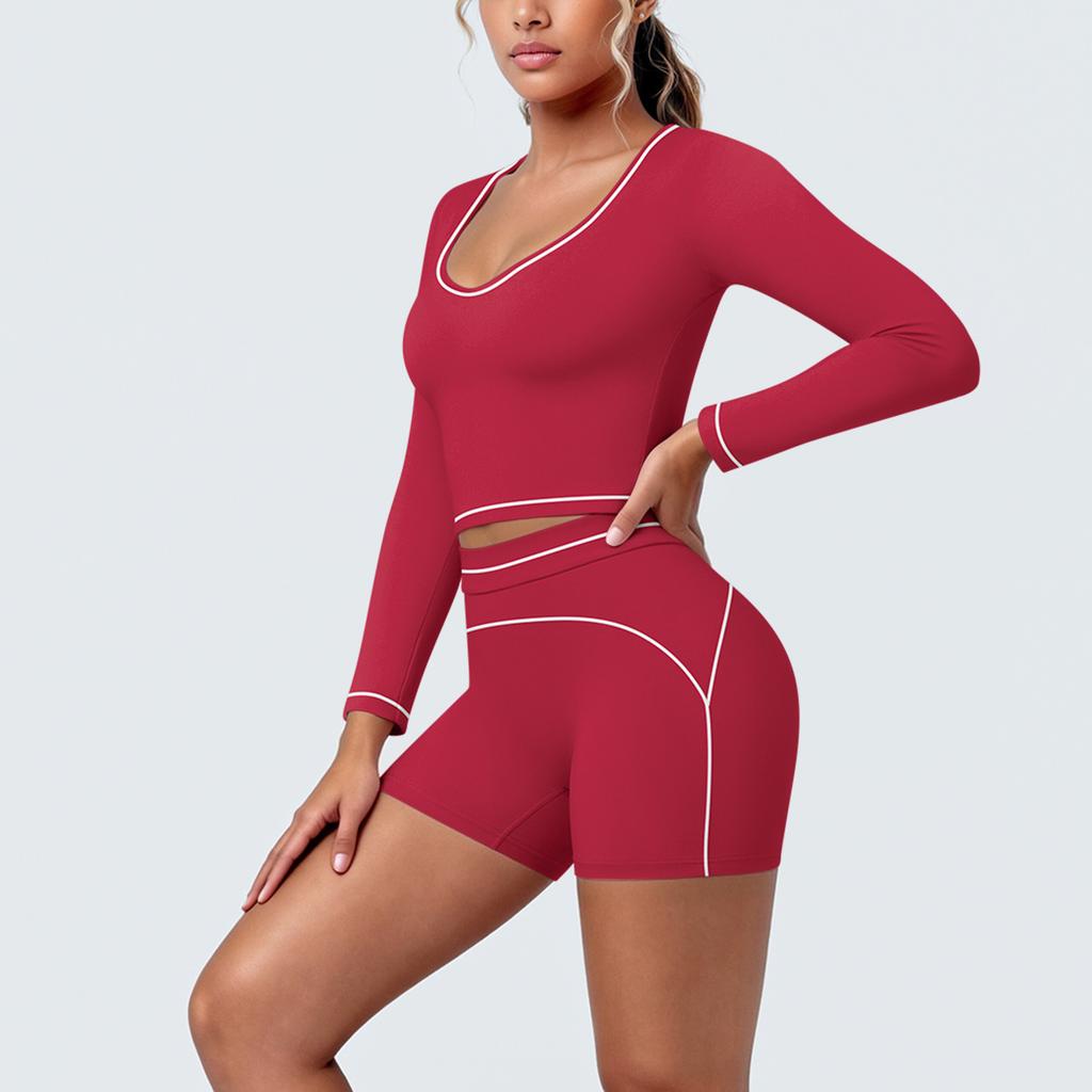 New contrasting colors, high elastic, low neck, long-sleeved shorts, yoga suit set, sports running, fitness yoga two-piece set