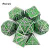 7 Pcs Green Silver Double Swords Metal Dice Solid Polyhedral Dice Set Suitable for Role-Playing RPG Board Game