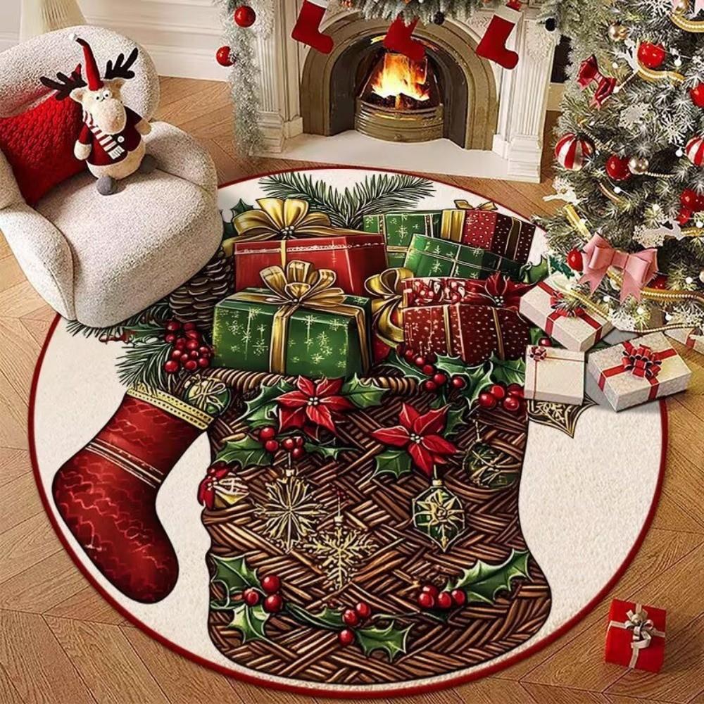 Non-Slip 3D Illusion Rug Santa Claus Xmas Home Decor Cartoon Cute Round Vortex Carpet Outdoor