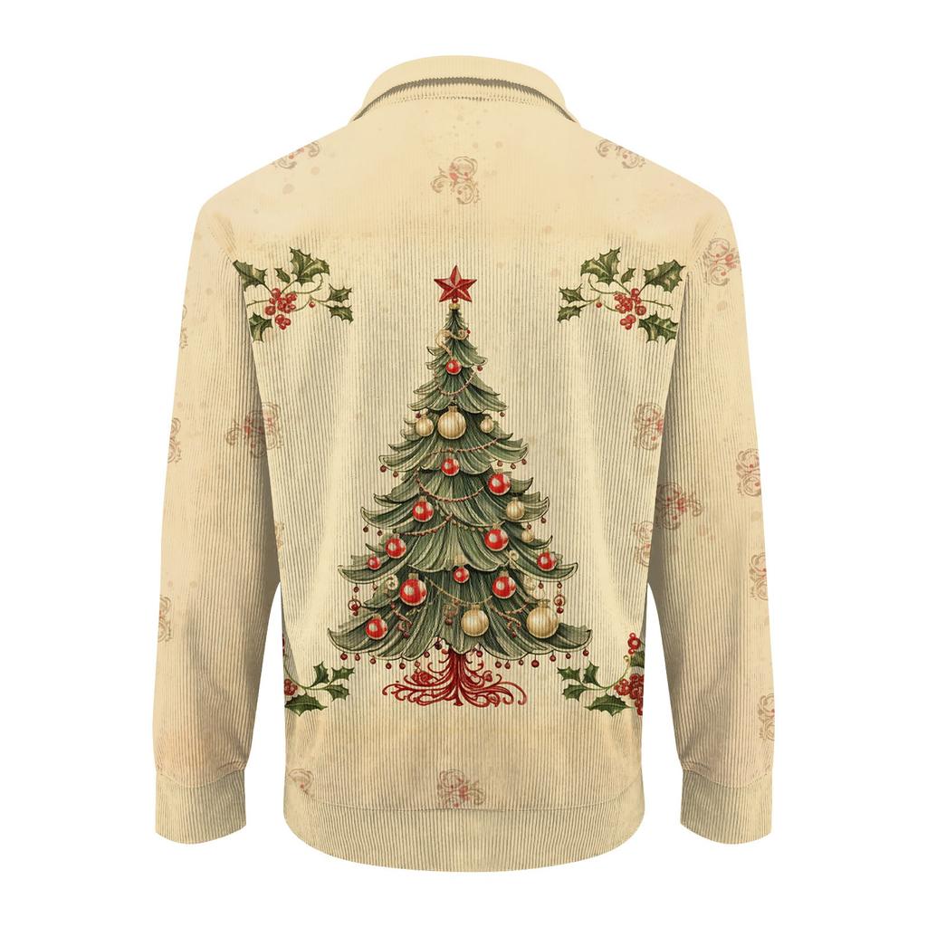 Мужская рождественская хлопковая рубашка-пуловер с длинным рукавом для активного отдыха, винтажная вельветовая рубашка с воротником-стойкой и пуговицами, повседневная толстовка с рождественским принтом