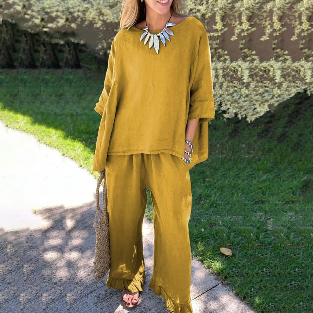 Новые осенние женские однотонные свободные повседневные брюки из хлопка и льна, костюм из двух предметов