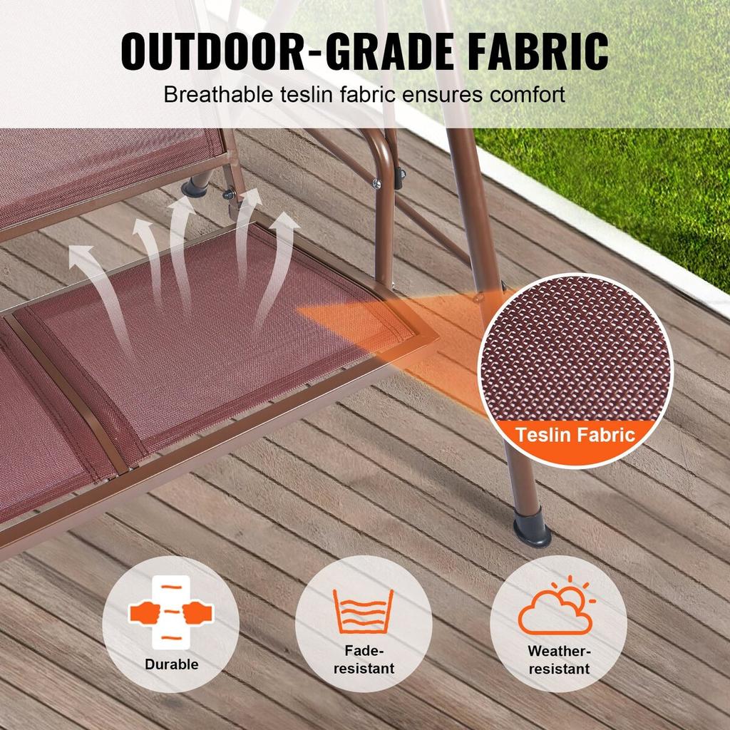 3-Seat Patio Swing Chair, Outdoor Patio Swing with Adjustable Canopy, Porch Swing with Armrests, Teslin Fabric and Alloy Steel Frame, for Balcony,