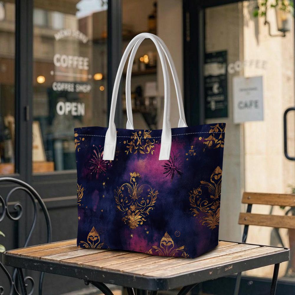 Elegant Purple Pattern Tote Bag Fashion Casual Portable Large Capacity Daily Carry Shoulder Handbag