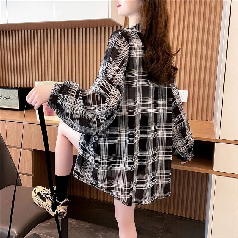 Womens Summer Checkered Shirt Breathable Long Sleeve Chiffon Blouse Lightweight Open Front Top Outerwear