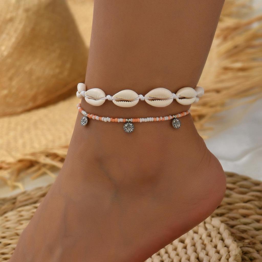 Anklet Beaded Shell Bohemian Set Handmade Twopiece Knotted Style