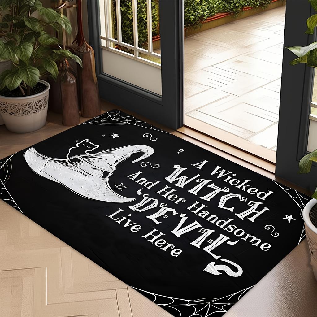 1pc 1pc Funny "One Wicked Witch And Her Handsome Devil Live Here" Halloween Door Mat, Entrance Door Mat, Front Door Mat, Flannel Material, Pointed Bac