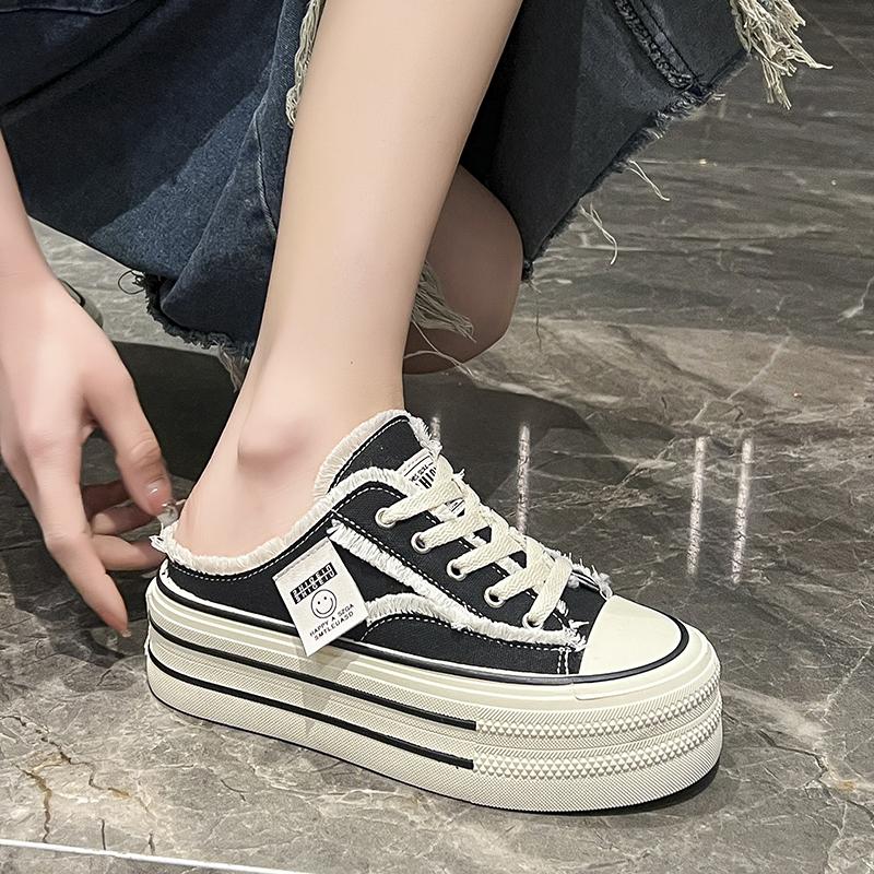 Canvas Half Slippers Women's Thick Sole Slippers Summer New Anti Slip Heel Free Leisure Half Support Platform White Shoes