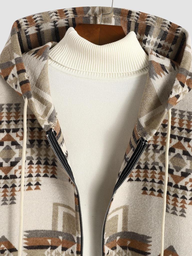 ZAFUL Мужское длинное шерстяное пальто с ацтекским этническим геометрическим принтом, карманом на молнии и капюшоном