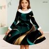 Girls Long Sleeve Printed Dress White Furry Collar And Cuffs Black Blue A Line Flared Hem