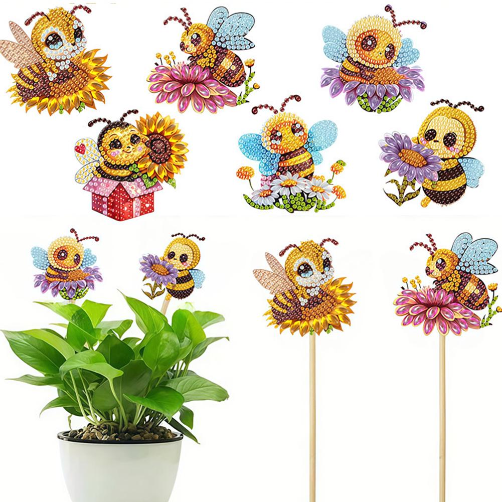 6Pcs Bee Stakes Diamond Painting Kits Animal Diamond Art Kits Diamond Art Garden Decor Kits for Flower Plant Pot