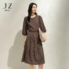 Jiuzi Anna Kou Elegant Maillard Geometric Printed Chiffon Waist Dress for Women, Spring 2025 New Collection