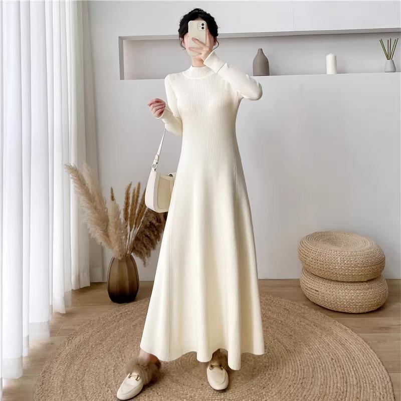 Solid Color Knitted Dress Autumn and Winter New Sweater Dress Fashion Long Sleeve Turtleneck A Word Long Dress