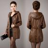 Mom's Hooded Leather Jacket Women's Mid Length Autumn/winter Cotton Coat for Warmth, Middle-aged and Elderly Casual Slimming, Oversized Coat Trend