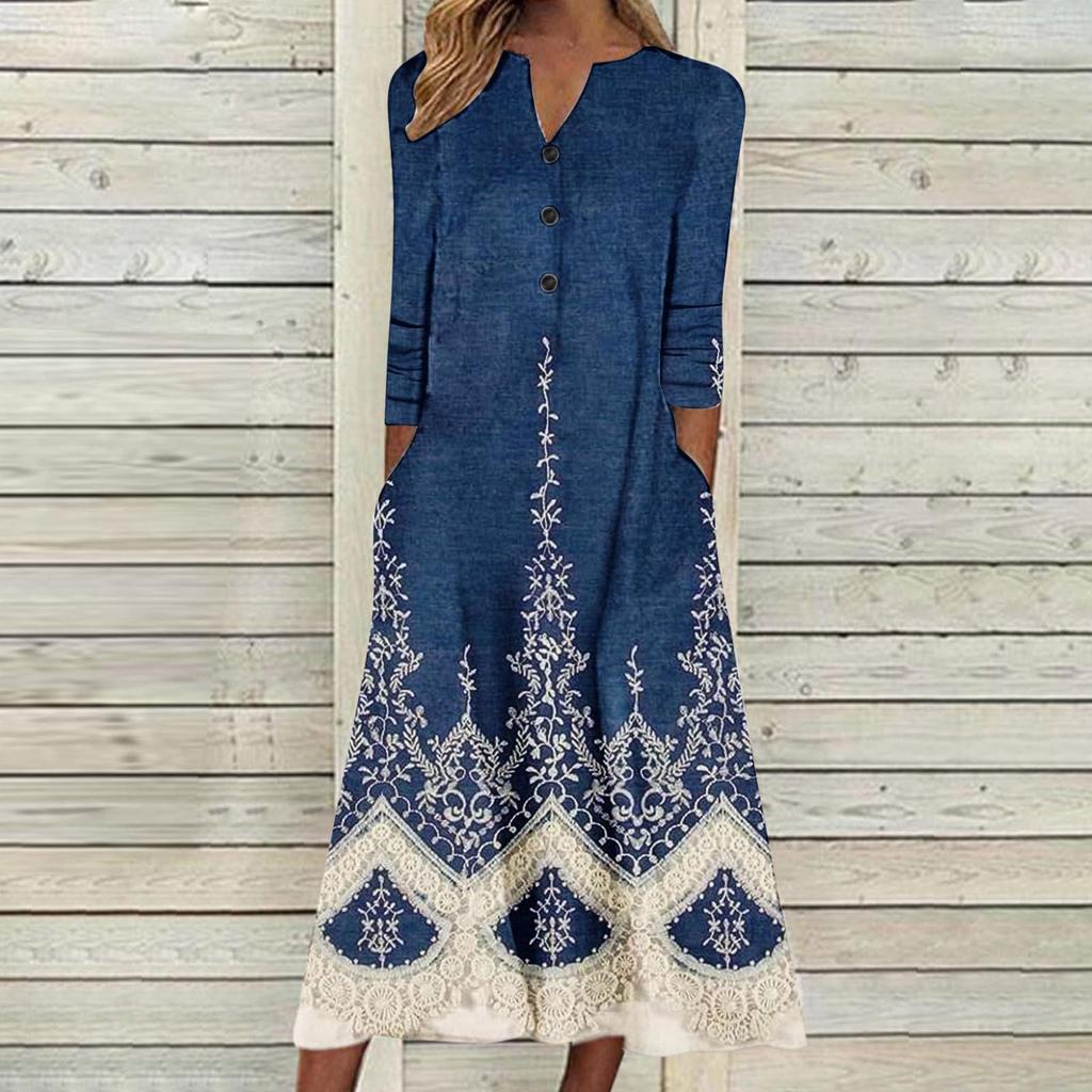 Женское осеннее платье макси с принтом, длинный рукав, открытая грудь, юбка