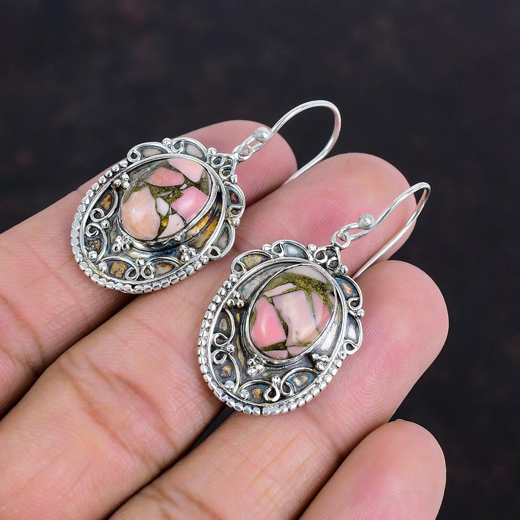 Медные серьги с розовым опалом, винтажные серьги с драгоценными камнями, уникальные ювелирные изделия, серьги из стерлингового серебра 925 пробы, изящные серьги, ювелирные изделия ручной работы, подарки для нее