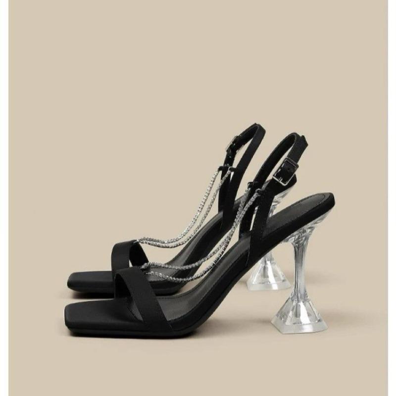 New Style Popular Sexy Shallow High Heel Sandals Women Summer Pointed Toe Metal Chain Shoes Buckle Strap Party Sewing