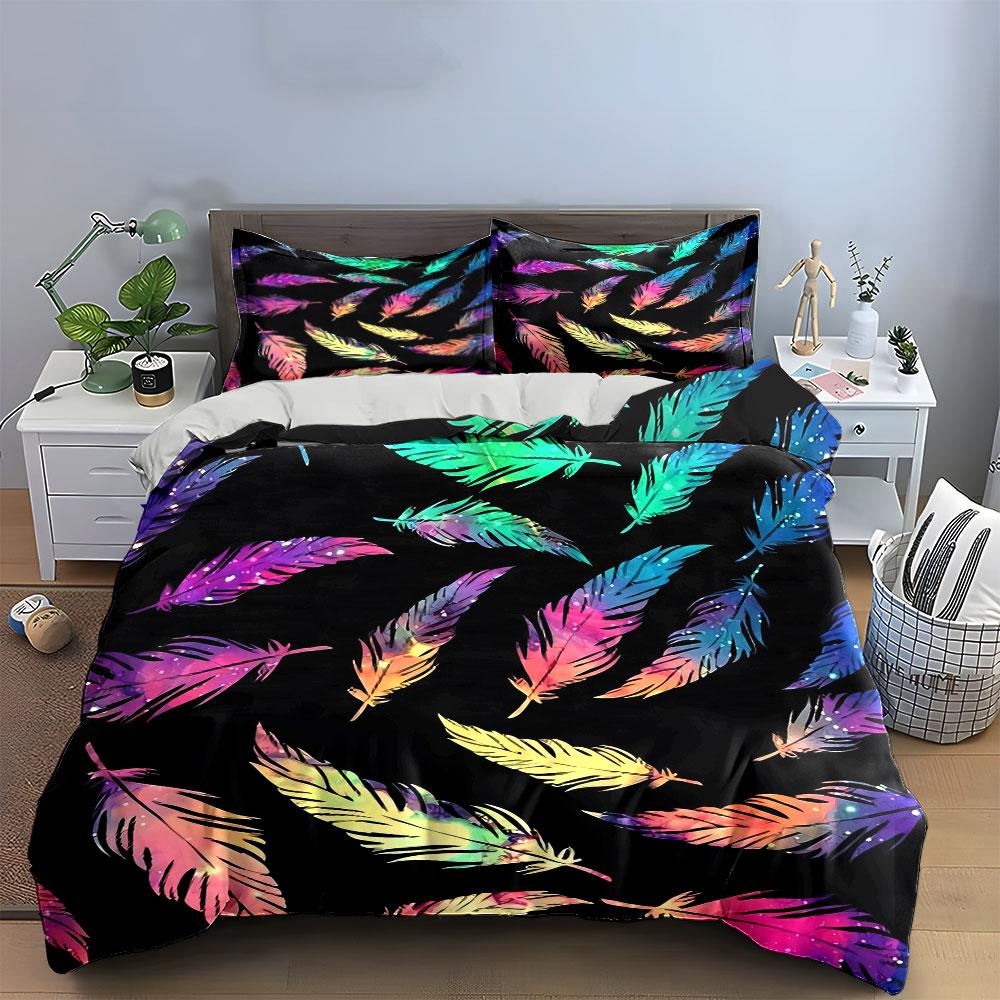 "Colorful Feather Decor Set" Bedding Set with 1 Duvet Cover 2 Pillowcases Single Double King Queen, Gift