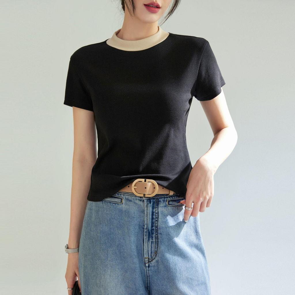 Chic French Style Slim Fit Short-Sleeve T-Shirt for Women - High Elastic, Cool Touch, Round Neck, Spring/Summer 2025