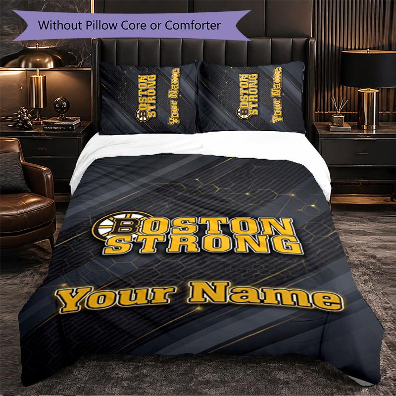 Boston Bruins Customized Name Text Bedding Set, 1 Duvet Cover & 2 Pillowcases Personalized Bedroom Gift