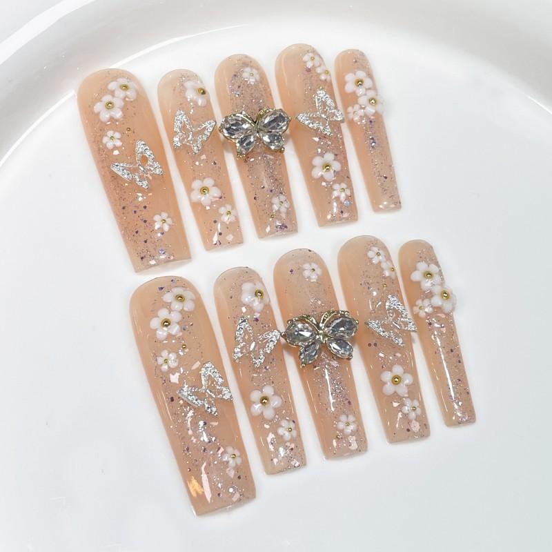 Handmade Press-On Nails Long Coffin Shape Sweet Ice-Transparent Floral Butterfly Design Women