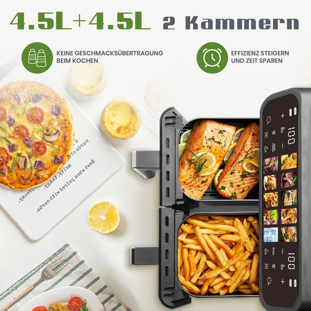 9L Air Fryer with Double Chamber, Fryer with LED Display, Adjustable Time and Temperature 80-200℃