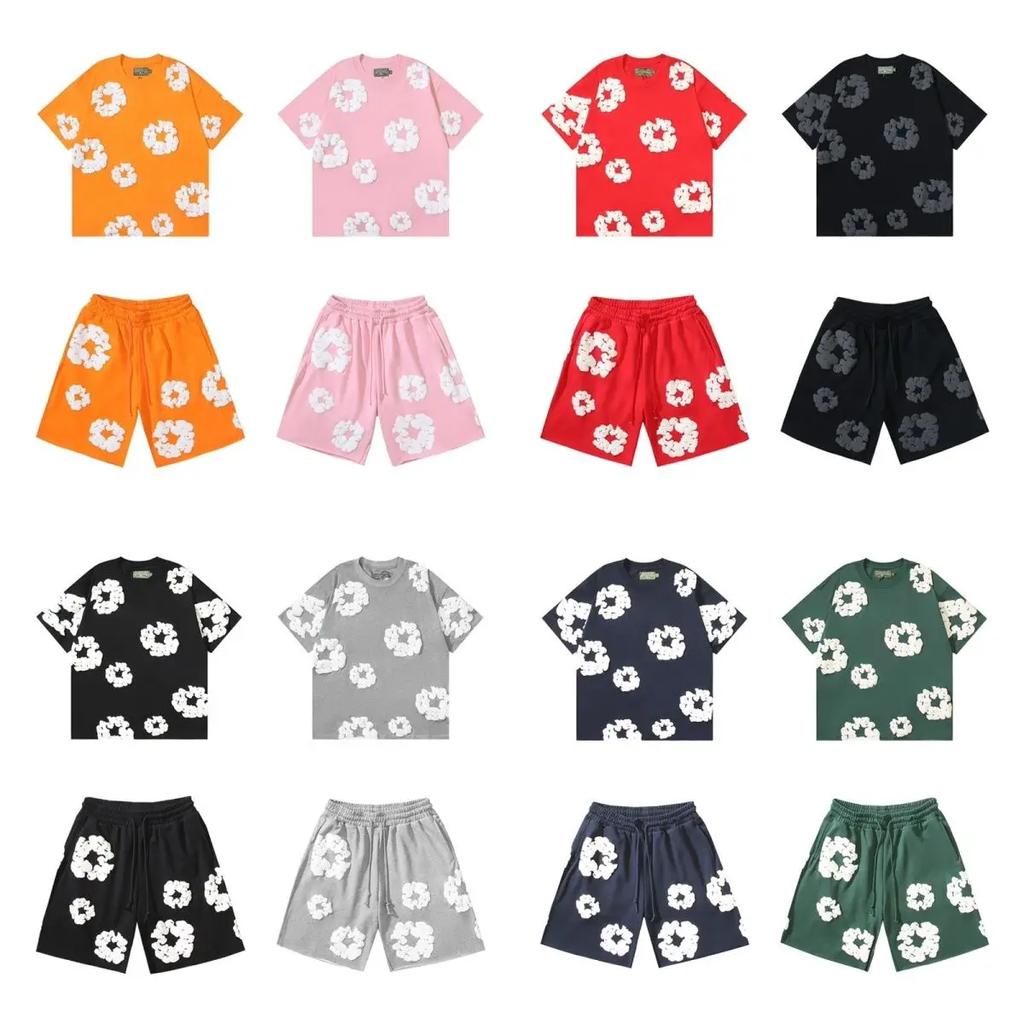 Chic Unisex Two-Piece Running Clothing Tracksuit Set 3D Kapok Foam Printing Flower Pattern Couples Short Sleeved T-shirt Shorts Set