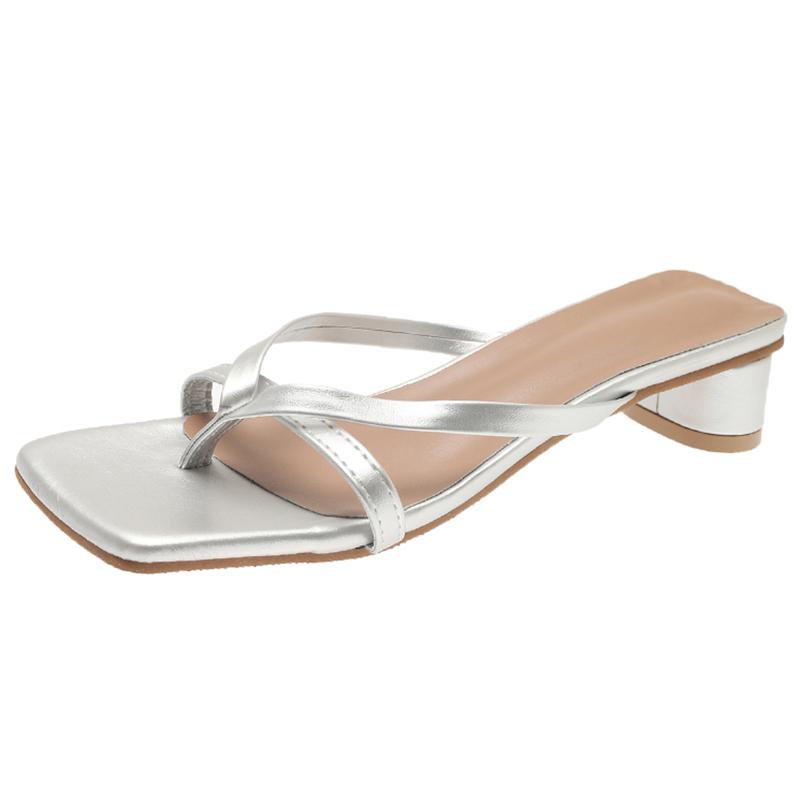 Fashion Gold Silver Clip Toe Middle Heels Sandals Women Fashion Pu Leather Square Toe Slides Woman Summer 2024 Thick Heel Sandals Female