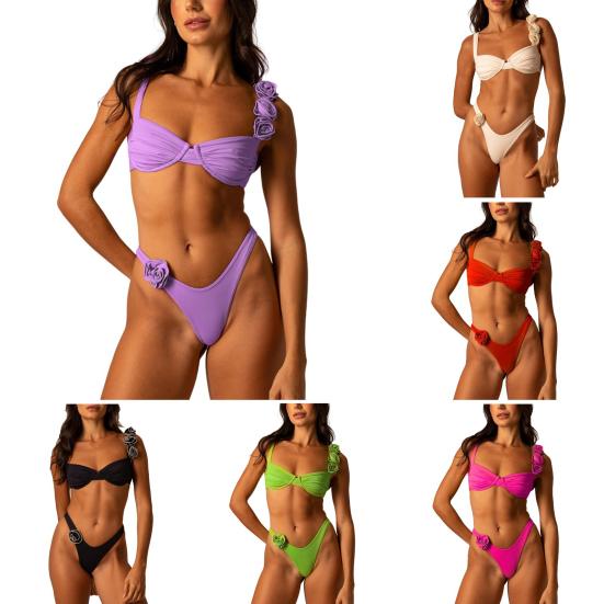 2Pcs/Set Women Bikini Set 3D Floral Decor Pleated Wire Padded Bra High Waist Briefs Set Solid Color Beachwear