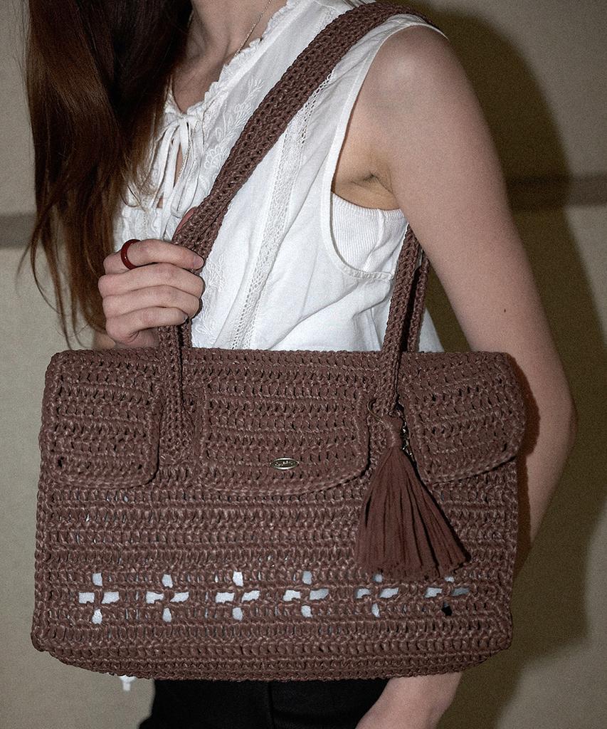 Slowslowly Lily Handmade Crochet Raffia Hermetic Shoulder Bag (+Gift Tassel Keyring Included) _ Brown