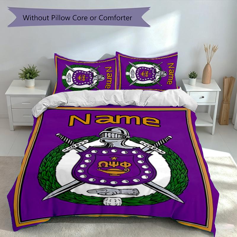 3pcs Custom Name Omega Psi Phi Bedding Set,Includes 1 Duvet Cover and 2 Pillowcases,All-season Bedroom Decor