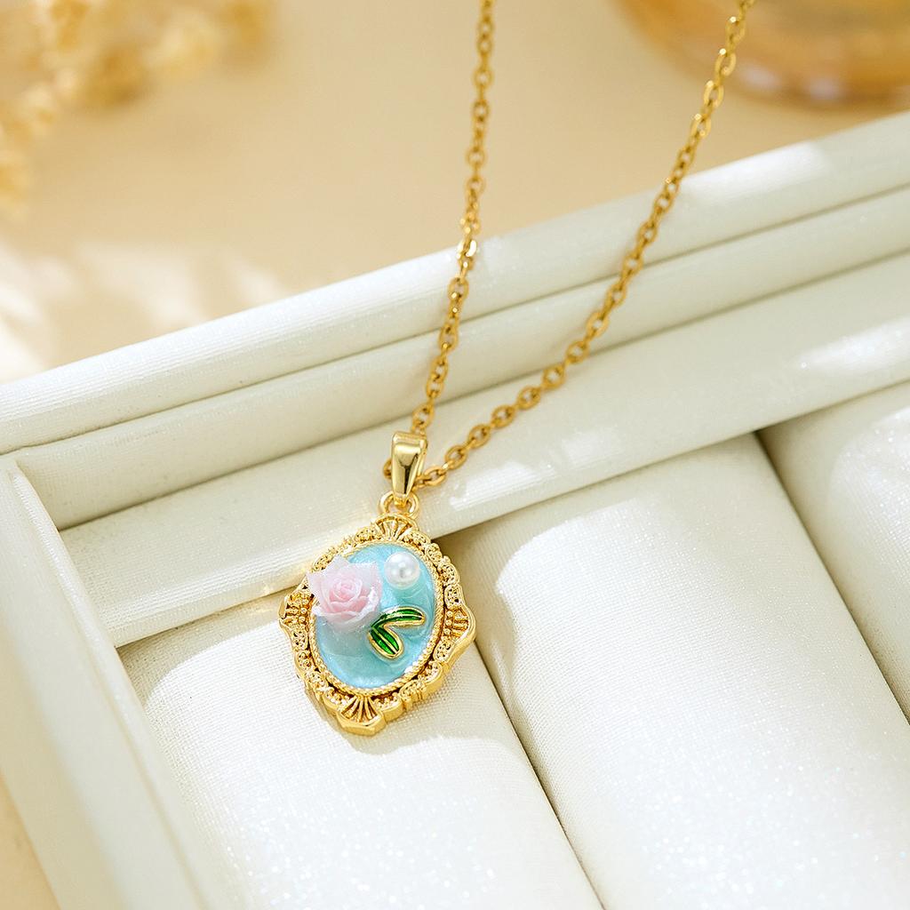 Cross-border New French-style Vintage Faux-pearl Oil-drop Pendant Light-luxury Enamel High-end Painted Flower Art Copper Bamboo