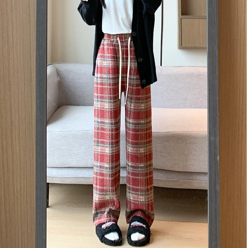 Осенне-зимние шерстяные клетчатые женские длинные брюки с эластичной талией, свободные прямые брюки для женщин