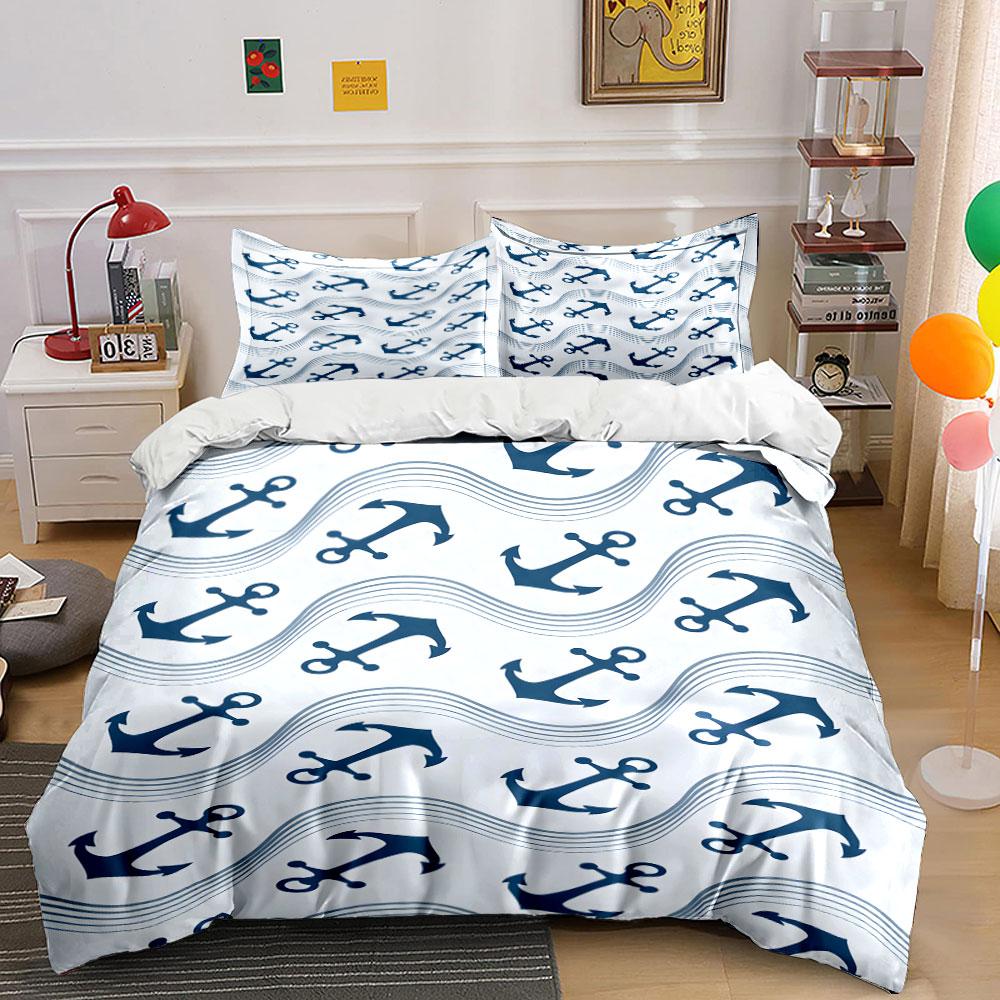 Blue anchors with waves. Bedding sets Duvet cover sets Duvet covers Pillowcases(1*Duvet Cover 2*Pillowcases without duvet insert)