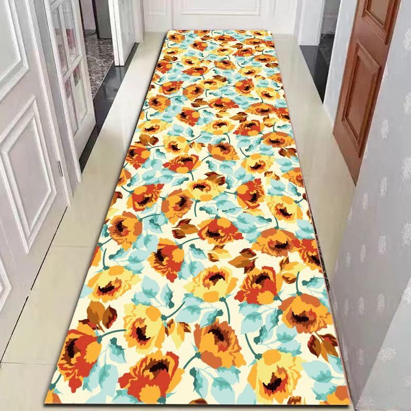 Retro Orange Yellow Floral Runner Rug, Vintage Poppy Flower Light Blue Leaf Long Hallway Mat Non Slip Washable Entryway Carpet