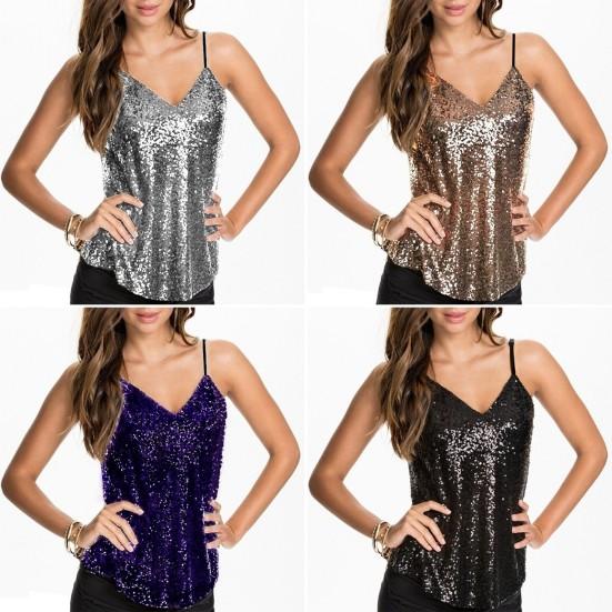 Женский топ с глубоким вырезом и V-образным вырезом, регулируемый ремень-спагетти, блестящий топ с блестками и открытой спиной, без рукавов, сплошной цвет, свободный топ для выступлений, танцевальный клуб, вечерние топ на бретелях