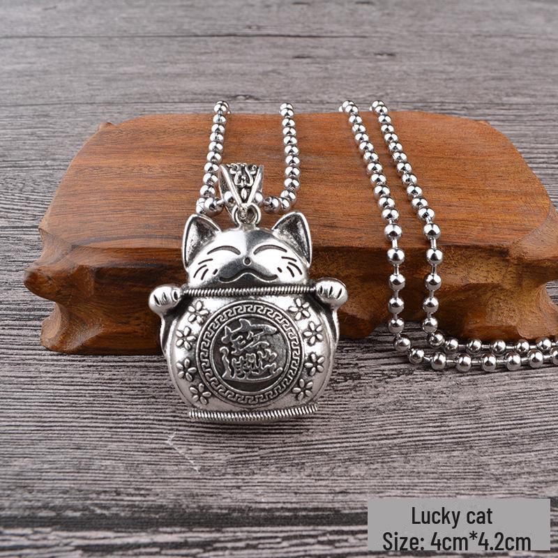 Retro Silver Peace Lock Pendant Necklace - Four-sided Wealth Women's Long Sweater Chain In National Style