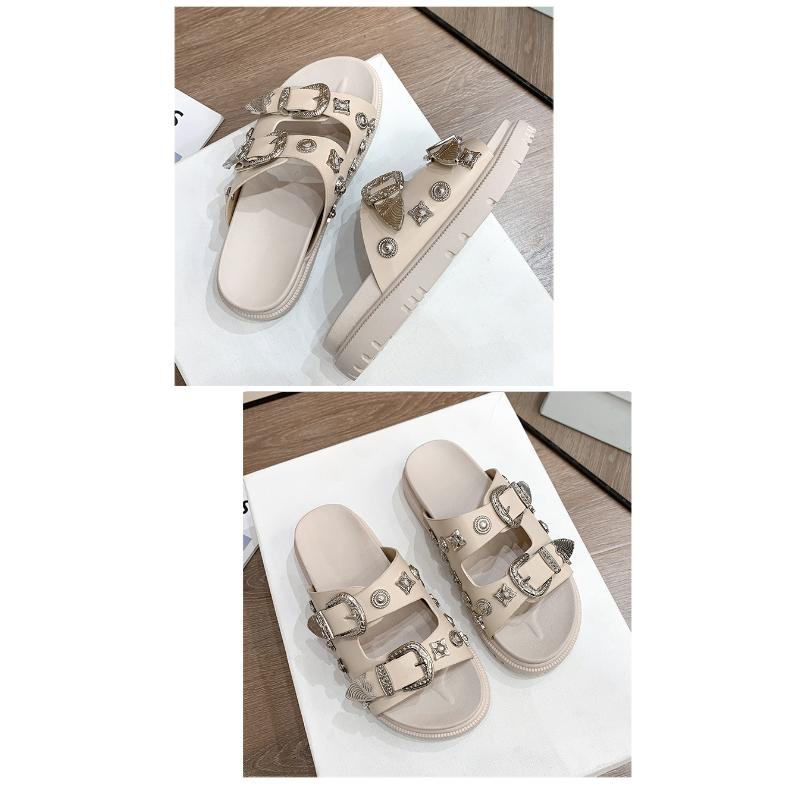 Summer Fashion Dark Black Wind Metal Slippers Female New Rivets Thick Bottom Casual Sandals Beach Slippers