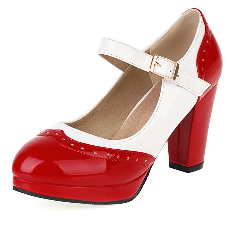 Fashion Sweet High Heels Pumps Mary Janes Shoes Woman Patchwork Patent Straps Women's Heeled Party Office Wedding Shoes Large Size 48