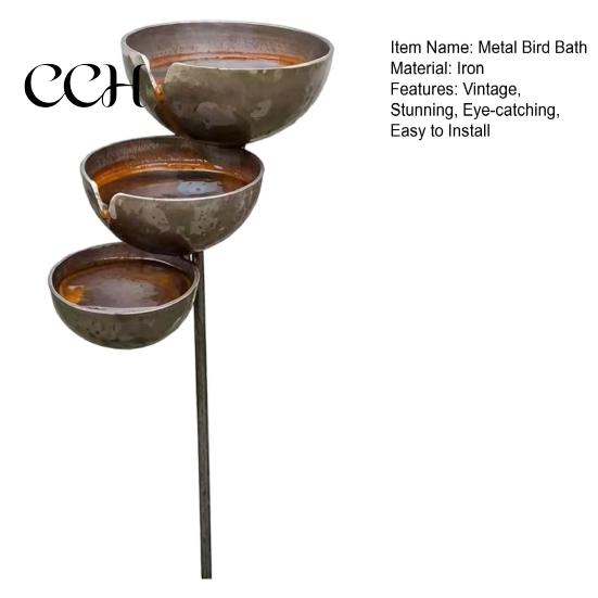 Frost Resistant Garden Stake Metal Bird Bath Rustic Vintage Rain Catcher with 3-Tiered Balcony And Feeder Bowls Outdoor Bee Watering Station