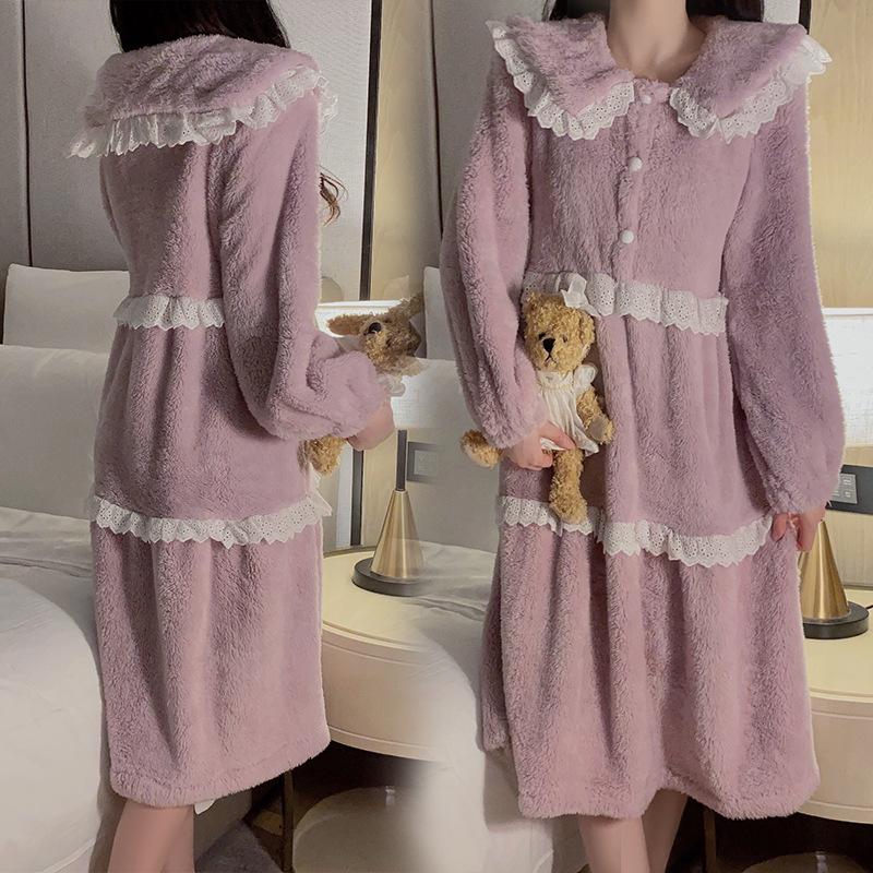 Women's Warm Flannel Peter Pan Collar Lace Soft Sleep Dress Set for Fall Winter