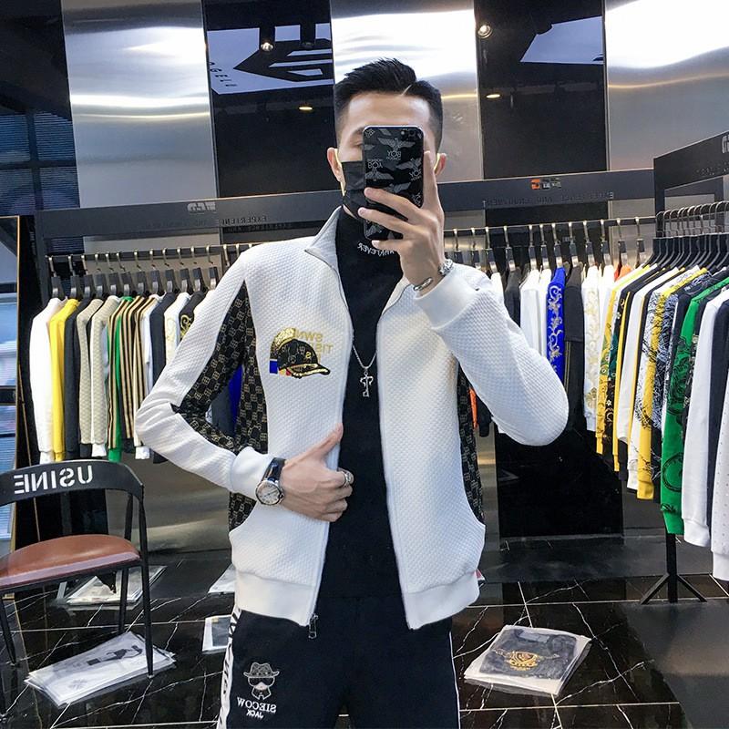 Mens Slim Stand Collar Jacket Spliced Embroidery Cardigan Trendy Outerwear
