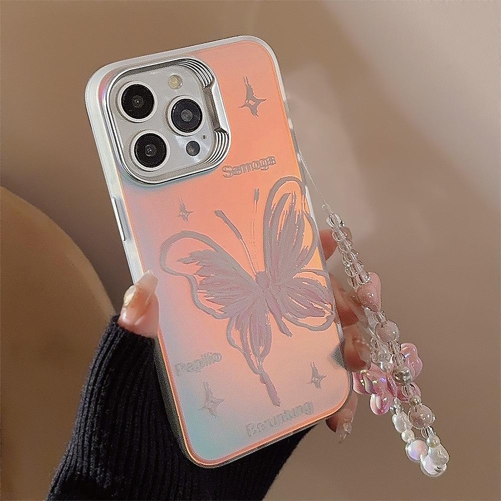 Fantasy Laser Pink Butterfly Iphone15 Suitable for 14 Mobile Phone Case 16 Apple 13 Promax Lanyard 11 Hard Set