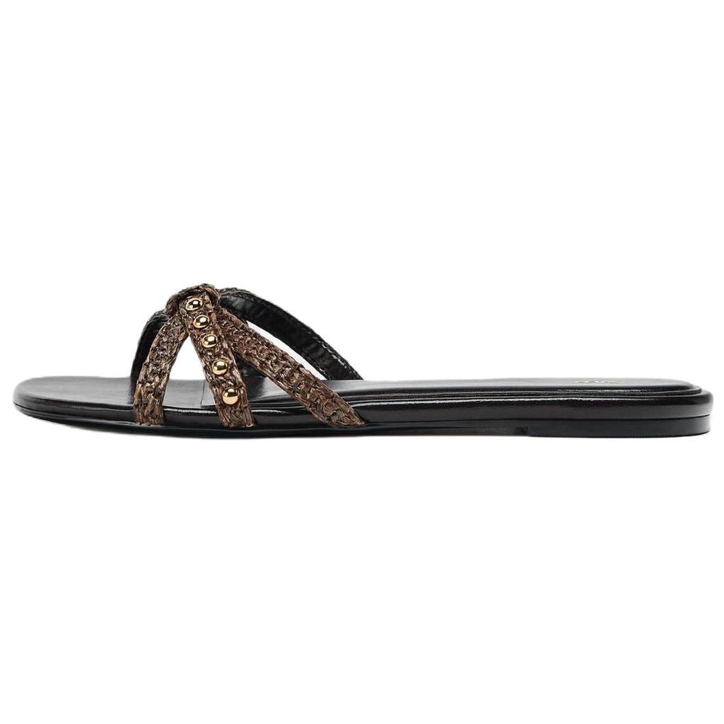 Zara Slip-On Open-Toe Studded Flat Anti-Rubbing Slide Sandals Women Sandals Black 3604510700