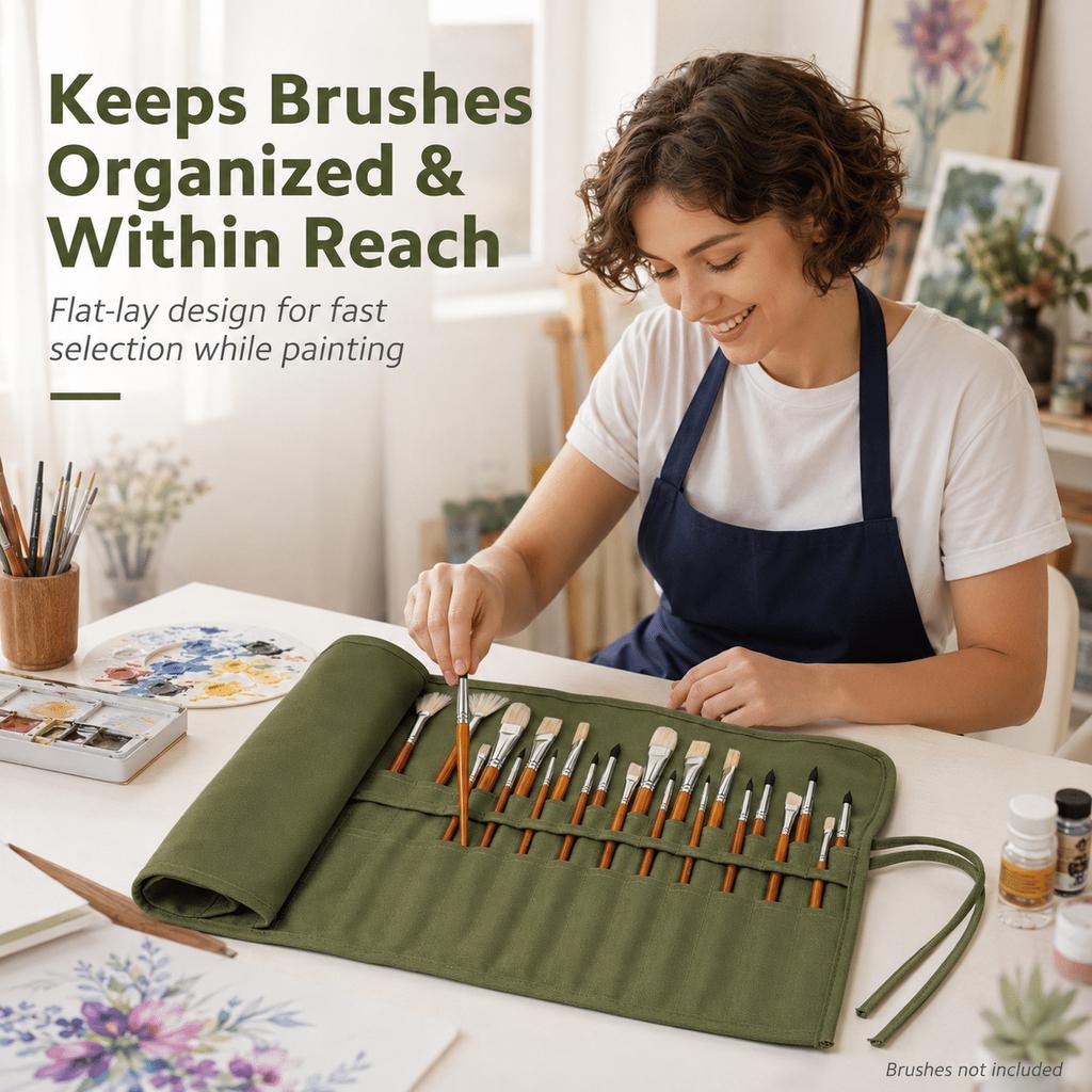 34Slot Roll Up Canvas Paint Brush Holder Washable Artist Brush Organizer Travel Storage Case For Watercolor Acrylic Brushes Pens