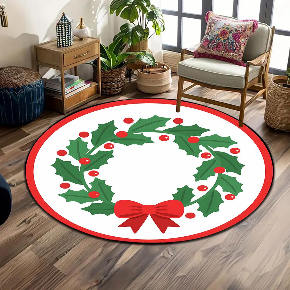 Christmas Holly Wreath with Red Bow Print round rug, living room, bedroom, playroom carpet, non slip floor mat, gift