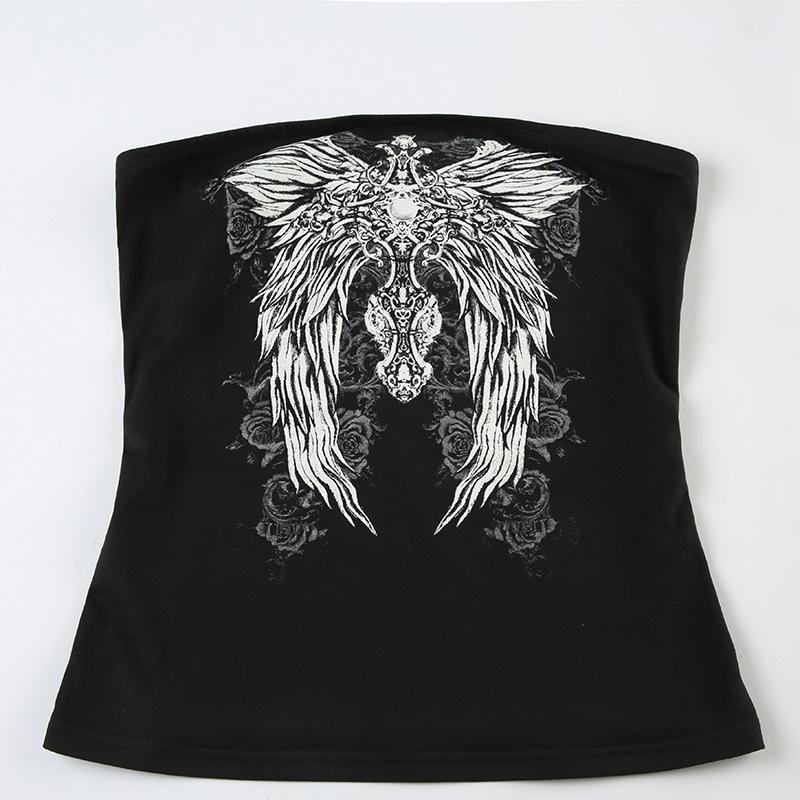 Готический принт Черный топ-труба Женский Без бретелек Облегающий Укороченные топы Летний Повседневный Шикарный Графические футболки y2k Уличная одежда Жилет Базовый