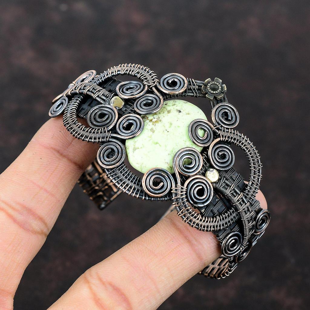 Браслет-манжета с лимонным хризопразом, медная проволока, браслет с драгоценными камнями, регулируемая манжета, браслет ручной работы, медные украшения для подарка, стильный браслет