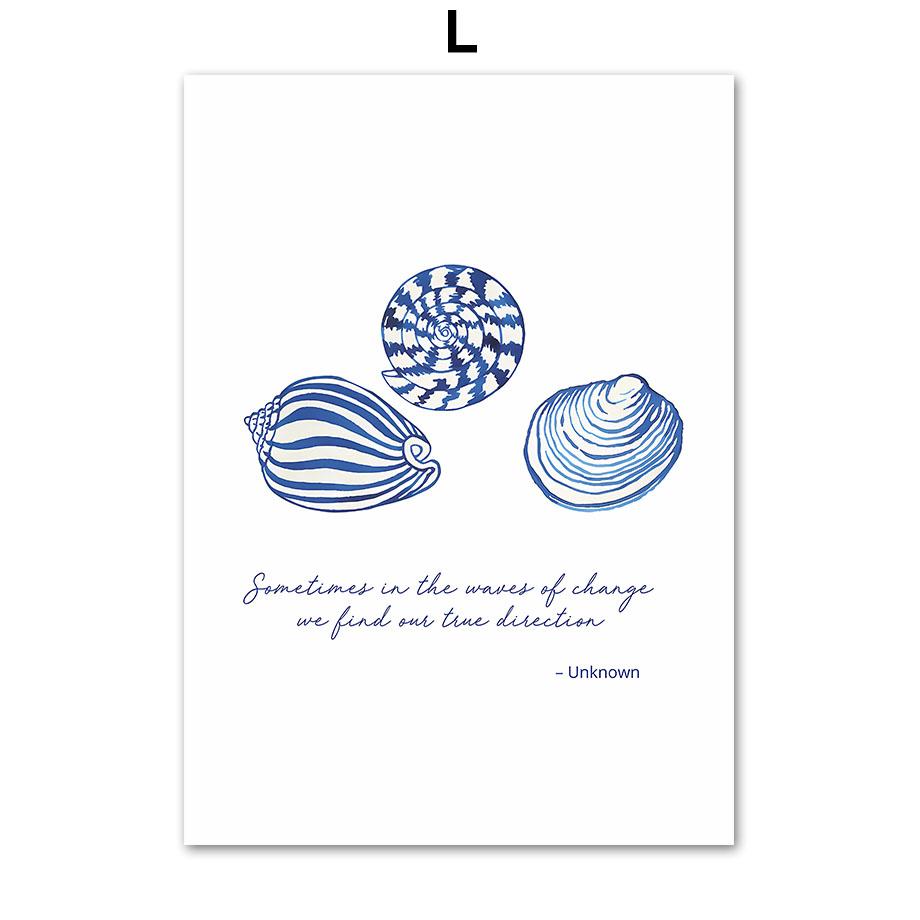 Акварельные синие прибрежные морские существа, постеры с принтами, осьминог, раковина, медуза, настенная живопись на холсте, детская комната, домашний декор