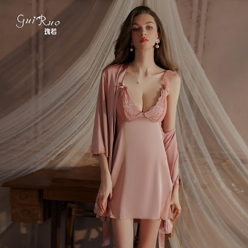 Women's Plus Size Push Up Padded Flutter Sleeve Cami Sleep Dress with Robe Lounge Set