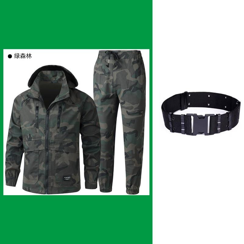 Mens Outdoor Hiking Suit With Raglan Sleeves Detachable Hood Large Pockets Zippered Leg Camo Workwear